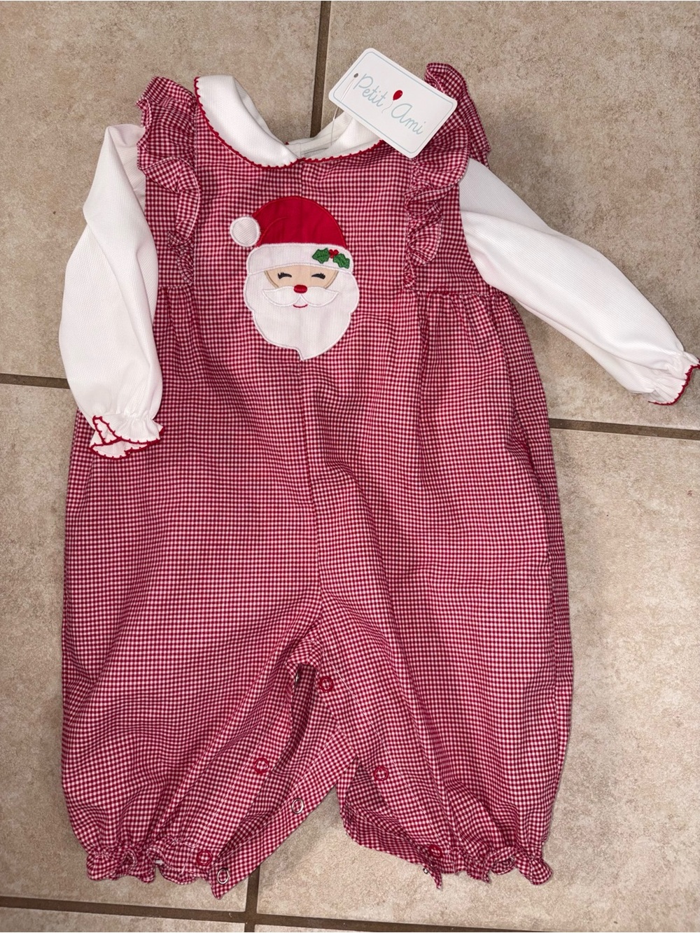 Petit Ami Red Gingham Christmas Santa Appliqué Onesie Set with White Sleeves